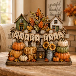 May include: A decorative tabletop display featuring two small houses, a white picket fence, and a banner that reads HAPPY FALL. The scene includes orange and white pumpkins, two hay bales, a metal lantern, and a pitcher with sunflowers.