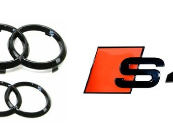 Ensemble Audi noir brillant/orange, bagues avant de 273 mm et anneaux arrière de 192 mm, emblèmes arrière et calandre S4, look OEM, finition haut de gamme