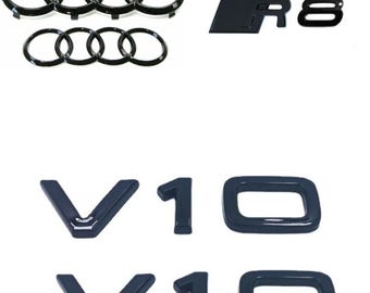 Emblema Audi R8 SET negro brillante completo con anillo delantero de 175 mm y anillo trasero de 192 mm y 2 emblemas V10 para guardabarros laterales de fácil calidad premium