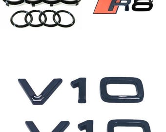 Emblema Audi R8 SET negro brillante/naranja con aro delantero de 175 mm y aro trasero de 192 mm y 2 emblemas V10 para guardabarros laterales de fácil calidad premium