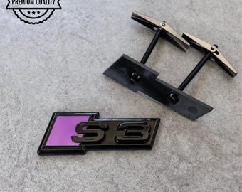 Audi S3 Grille Emblem Glossy Black with Purple High-Quality Front Badge Stylish OEM Replacement Sleek and Sporty Upgrade New