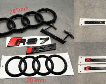 Premium Audi Set of 7 Black\Red Emblems 285mm Front Rings, 203mm Rear Rings, RS7 Grille and Rear, S-Line Side Quattro Rear Badge Logo New