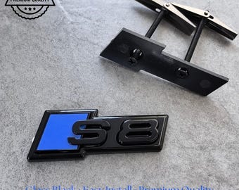 Audi S8 Grille Emblem Glossy Black with Blue High-Quality Front Badge Stylish OEM Replacement Sleek and Sporty Upgrade New