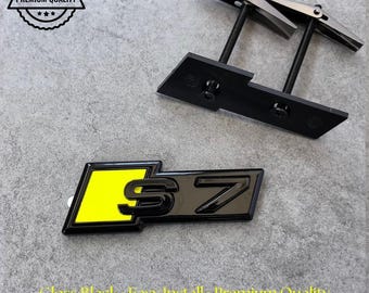 Audi S7 Grille Emblem Glossy Black with Yellow High-Quality Front Badge Stylish OEM Replacement Sleek and Sporty Upgrade New
