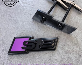 Audi S8 Grille Emblem Glossy Black with Purple High-Quality Front Badge Stylish OEM Replacement Sleek and Sporty Upgrade New