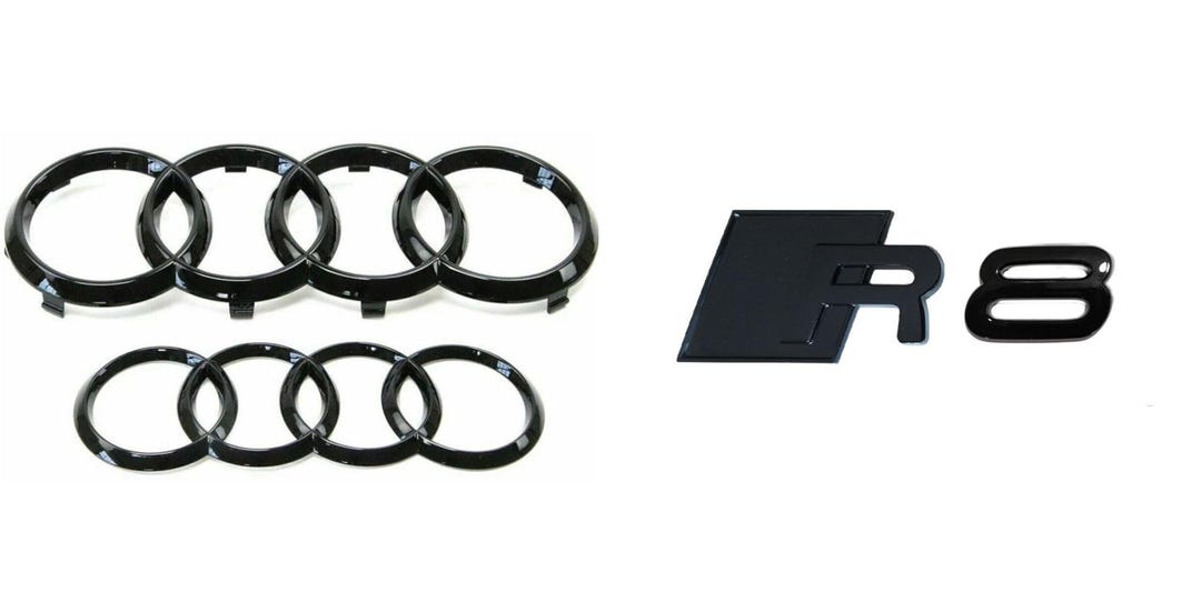 Audi R8 Lettering Audi R8 SET Full Glossy All Black Emblem 175mm Front Ring and 192mm ...