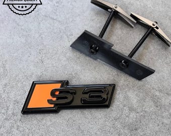 Audi S3 Grille Emblem Glossy Black with Orange High-Quality Front Badge Stylish OEM Replacement Sleek and Sporty Upgrade New