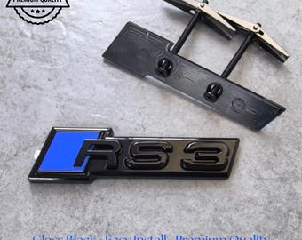 Audi RS3 Grille Emblem Glossy Black with Blue High-Quality Front Badge Stylish OEM Replacement Sleek and Sporty Upgrade New