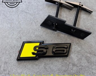 Audi S6 Grille Emblem Glossy Black with Yellow High-Quality Front Badge Stylish OEM Replacement Sleek and Sporty Upgrade New