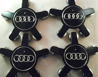 Tapacubos centrales para ruedas Audi de 4 x 135 mm, color negro mate, juego de 4, calidad OEM, 4F0601165N, emblema, tapacubos, pieza original, artículo nuevo.