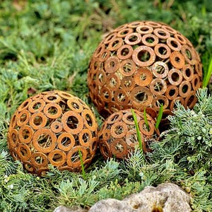 Corten Steel Sphere Set of 3, Handmade Rustic Garden Orbs