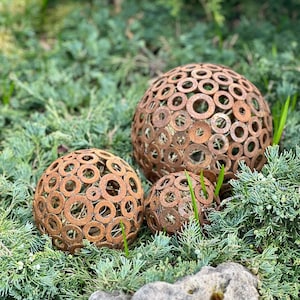 Rusted Metal Garden Sculptures – Trio of Handmade Cosmic Yard Art Spheres (Set of 3)