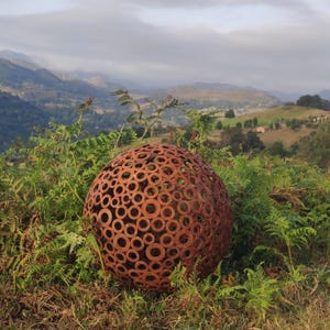 Rust Metal Garden Sculpture – 14&quot; Outdoor Yard Orb – Cosmic Art Decor for Patio or Lawn