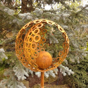 Pearl of Wisdom: Rusty Metal Outdoor Sphere Sculpture 40&quot; Tall (100 cm) - 14&quot; (350 mm) Diameter Hand Welded, Abstract Sphere Decor