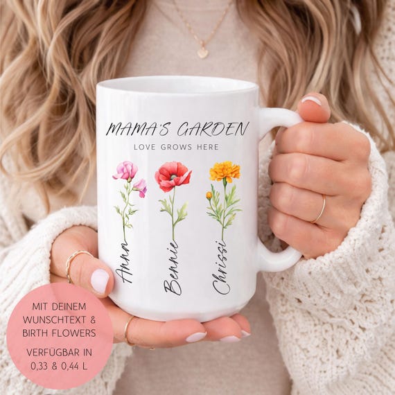 Mamas Garden Tasse Personalisiert, Geschenk Muttertag mit Namen der Kinder, Enkelkinder, Geburtsblume, Mama Oma Blumen Becher, Wunschtext