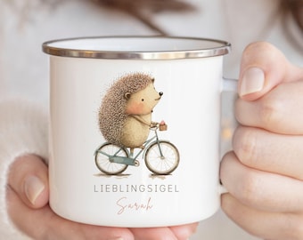 Personalisierte Tasse, Igel Tasse, Lieblingsmensch, Igel Geschenk, Kindertasse, Becher Name, Geschenk, Fahrrad, Waldtiere, Emaille, Camping