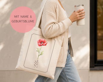 Personalisierte Stofftasche mit Name und Geburtsblume, Tasche Blumen, Jutebeutel Blumenprint, Geschenk Geburtstag Freundin, Flower Tote Bag