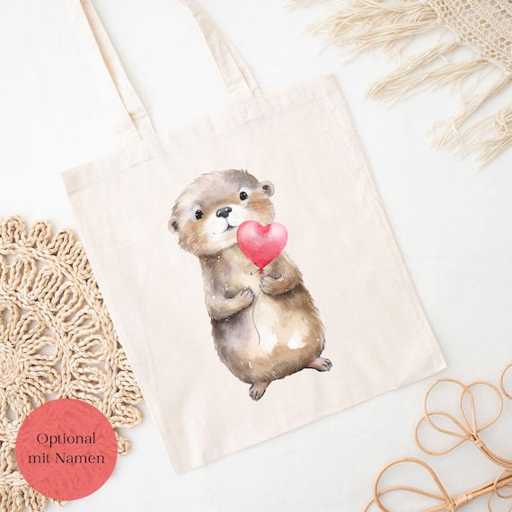 Otter Jutebeutel Personalisiert, Stofftasche Herz Luftballon, Otter Geschenk Freundin, Tasche Valentinstag, Kinder Beutel Name, Tote Bag