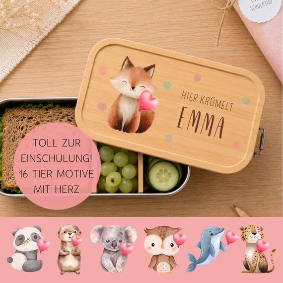 Brotdose Kinder Personalisiert, Lunchbox mit Name und Tier Motiv, Geschenk Einschulung Schulanfang Kindergarten, Koala Panda Eule mit Herz