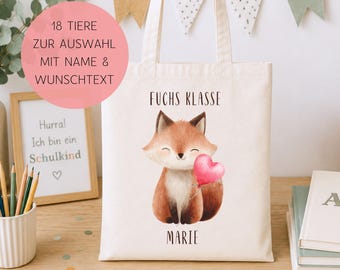 Schulkind Stoffbeutel Personalisiert, Geschenk Einschulung mit Herz Luftballon, Tier Motiv 1. Klasse, Kinder Beutel Name, Fuchs Koala Eule