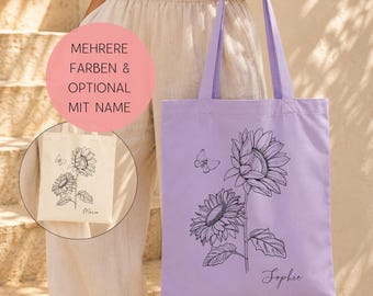 Jutebeutel Personalisiert mit Sonnenblume, Stofftasche Blumenprint, Tasche Blumen Zeichnung, Beutel Name, Geschenk Geburtstag, Flower Bag