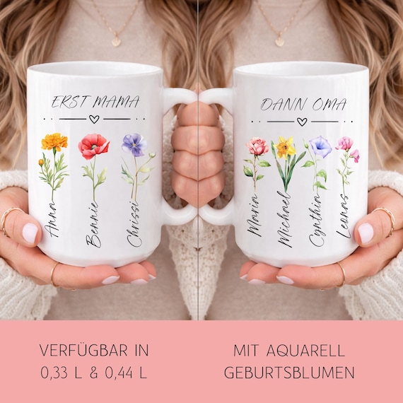 Oma Tasse Personalisiert: Geburtsblume, Namen Kinder Enkelkinder, Oma Blumen Becher, Erst Mama Dann Oma, Geschenk Muttertag, Mamas Garden