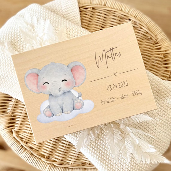 Erinnerungsbox Elefant, Erinnerungskiste Baby Personalisiert mit Wolke, Geschenk Geburt, Taufe Jungen Mädchen, Babygeschenk, Taufgeschenk
