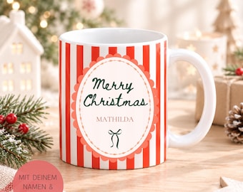 Personalisierte Weihnachtstasse gestreift mit Name und Schleife, "Merry Christmas" Tasse Weihnachten, Geschenk Familie Weihnachtsgeschenk