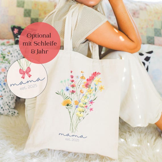 Mama Blumenstrauss Stofftasche, Tasche Blumen, Mama Est, Jahr, Geschenk Muttertag, Jutebeutel Personalisiert, Oma Geburtstag, Schleife, Bow