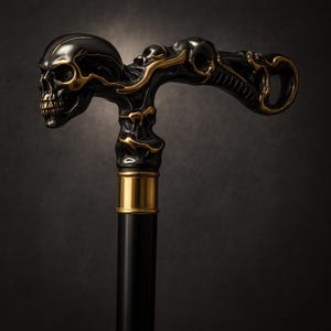 May include: A black and gold skull-themed walking cane. The handle features a detailed skull design with gold accents, and the shaft is black with a gold band. The cane is a decorative accessory.