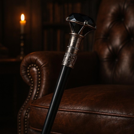 Black Gemstone Gothic Walking Cane – Victorian Style Accessory