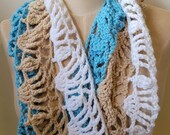 Lacy Cowl- Crochet Scarf- Aqua, Tan, White- Ready to Ship - Ladies' Cowl- Fall Neck Scarf- Winter Scarf- Women's Scarf- Free Shipping