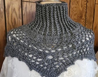 Crochet Lacy Cowl - Handmade Victorian Heather Grey Collar