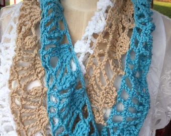 Lacy Crocheted Cowl--Ready to Ship-- Aqua, Tan, and White- Spring Scarf