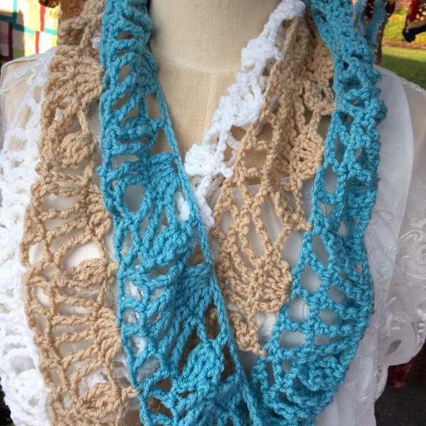 Lacy Crocheted Cowl--Ready to Ship-- Aqua, Tan, and White- Spring Scarf