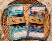 2 Crocheted Dishcloths- 100% Cotton Handmade- Multicolor- Blue and Aqua Stripes, Variegated