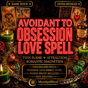 May include: A digital graphic featuring the text AVOIDANT TO OBSESSION LOVE SPELL in glowing red letters. The image includes tarot cards, green candles, a glass bottle labeled LOVE ATTRACTION ELIXIR, and decorative crystals on a silver tray.