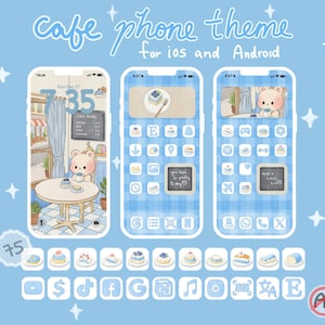 Pode incluir: Um tema de café para telemóvel iOS e Android com fundo axadrezado azul claro, três ecrãs de smartphone e ícones de aplicações. O texto diz cafe phone theme for ios and Android, you look so pretty today e rest a little love.
