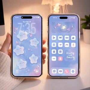 May include: Two smartphones in clear cases are shown. The left phone displays a lock screen with cartoon stars, fish, and the time. The right phone has a blue theme with app icons and the text "flowing not forcing."