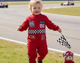 Benutzerdefinierte Kinder Rennauto Outfit Name Kleinkind Kostüm Racer Overall Baby Racing Outfit Zwei Rennauto Geburtstags-Outfit - Kids Racing Jumpsuit 2
