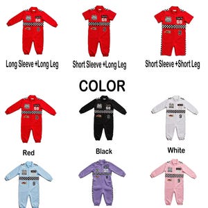 May include: A collection of racing-themed jumpsuits in various colours including red, black, white, blue, purple, and pink. Each jumpsuit features a chequered pattern across the chest, the text Jack 68, and the number 9, with long or short sleeve options.