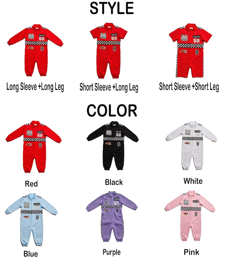 May include: A collection of racing-themed jumpsuits in various colours including red, black, white, blue, purple, and pink. Each jumpsuit features a chequered pattern across the chest, the text Jack 68, and the number 9, with long or short sleeve options.