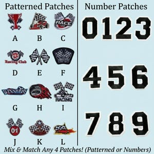 May include: A collection of embroidered iron-on patches featuring racing-themed designs labelled A through L and black number patches from 0 to 9. The text reads Patterned Patches, Number Patches, and Mix & Match Any 4 Patches! (Patterned or Numbers).