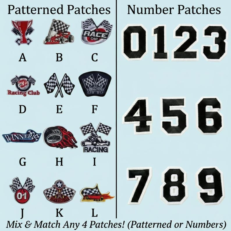 May include: A collection of embroidered iron-on patches featuring racing-themed designs labelled A through L and black number patches from 0 to 9. The text reads Patterned Patches, Number Patches, and Mix & Match Any 4 Patches! (Patterned or Numbers).