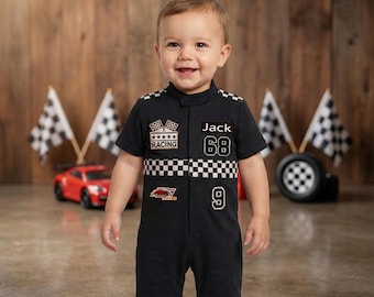 Traje de carreras personalizado para el primer cumpleaños, con nombre personalizado. Traje de coche de carreras para niños.