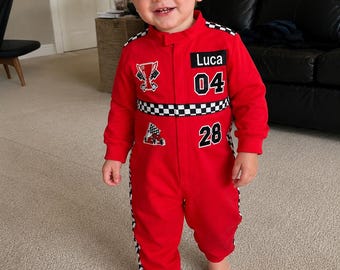 Custom Racing Baby Outfit, Personalized Toddler Racing Suit, First Birthday Gift for Boy, Little Racer Romper