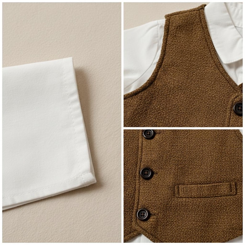 Puede incluir: Primer plano de una manga de camisa blanca y un chaleco de tweed marr&oacute;n con botones negros. El chaleco tiene un peque&ntilde;o bolsillo y est&aacute; superpuesto a la camisa blanca. Adecuado para ocasiones formales.