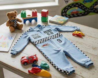 Disfraz de carreras para niños pequeños, traje azul de carreras personalizado, ideal para el cumpleaños de un niño.