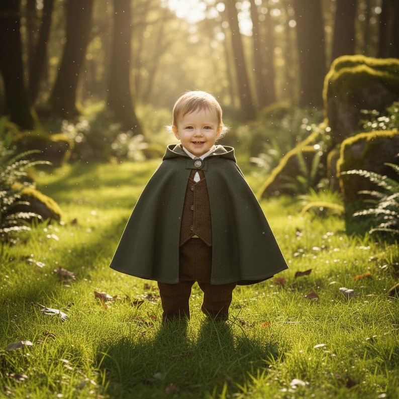 Puede incluir: Un ni&ntilde;o con una capa con capucha verde oscuro, chaleco marr&oacute;n y pantalones a juego, de pie en un claro soleado del bosque. El atuendo tiene una est&eacute;tica vintage, con un peque&ntilde;o cierre de bot&oacute;n en la capa. El ni&ntilde;o sonr&iacute;e, rodeado de hierba verde y &aacute;rboles.