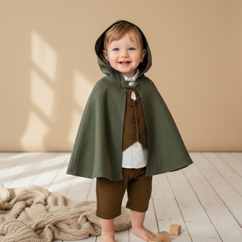 Puede incluir: Un beb&eacute; con una capa con capucha verde, chaleco marr&oacute;n, camisa blanca y pantalones cortos marrones. La capa se abrocha con un bot&oacute;n decorativo. El atuendo est&aacute; dise&ntilde;ado para un ni&ntilde;o y es adecuado para un disfraz u ocasi&oacute;n especial.